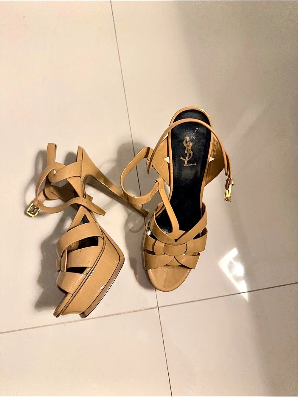 Yves Saint Laurent Tribute Patent Platform Sandals Tan